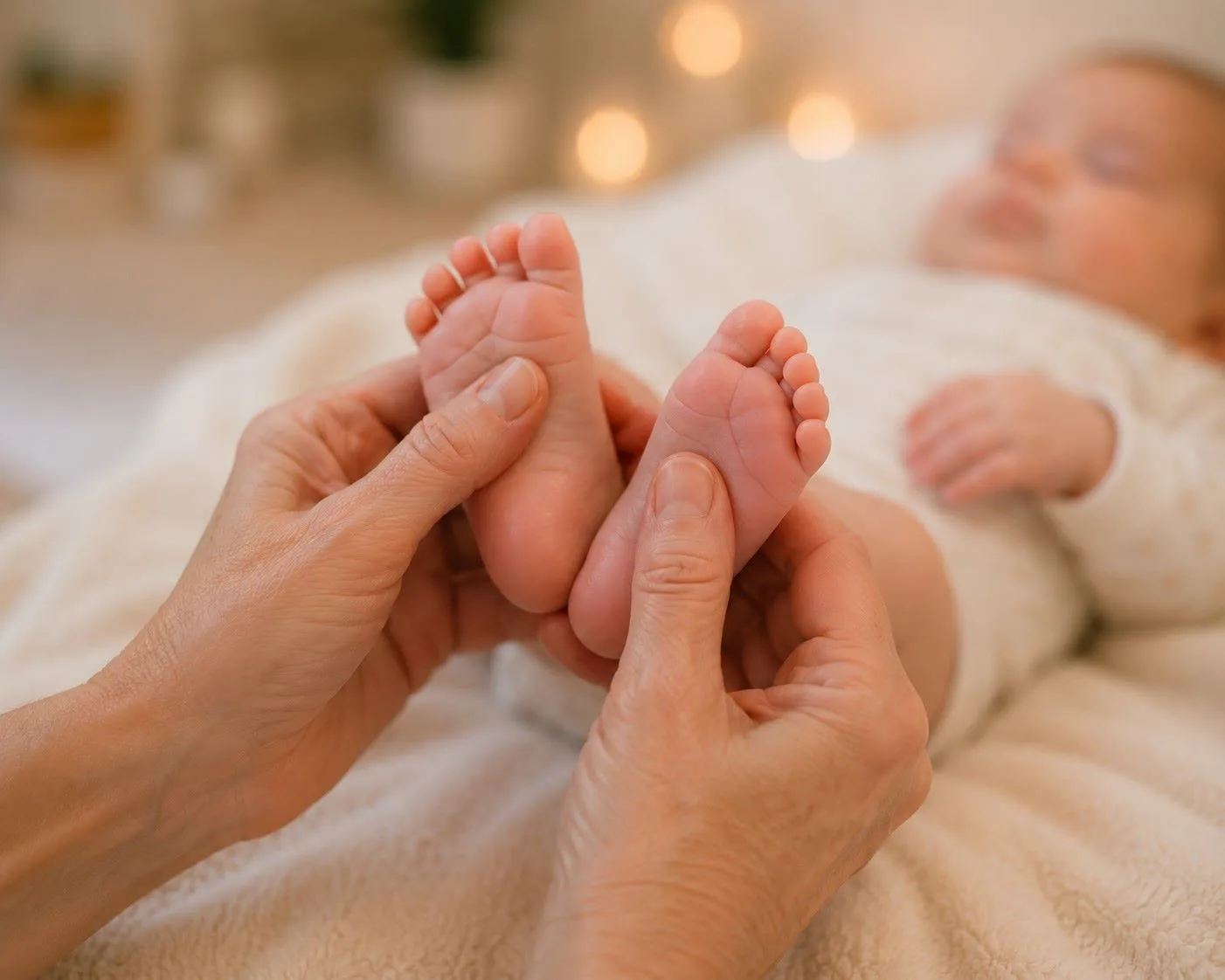 pieds de bébé massés dans un environnement douillet et confortable