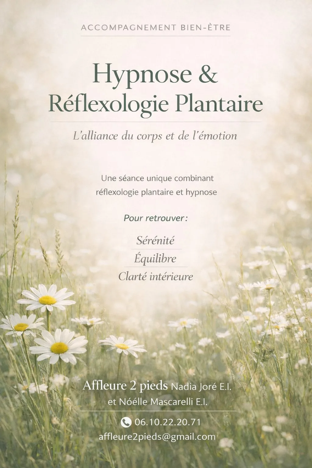 retrouver la sérénité dans un champ de fleurs lumineux, équilibre, clarté intérieure après une séance d'HYpno Réflexo : contes à écouter durant une séance de réflexologie plantaire